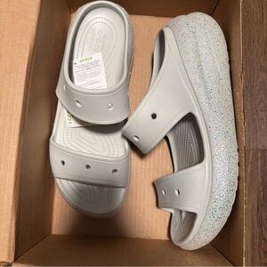 NWT Crocs Classic Crush Platform Sandals Slides Grey Glitter  Men 13 / W Size 14